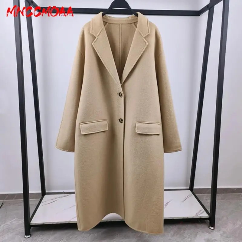 

MNCCMOAA-Women's Loose Fitting Woolen Coat, Long Sleeve Top, Button Pockets, Outerwear, Casual Fashion, Autumn, Winter, 2024