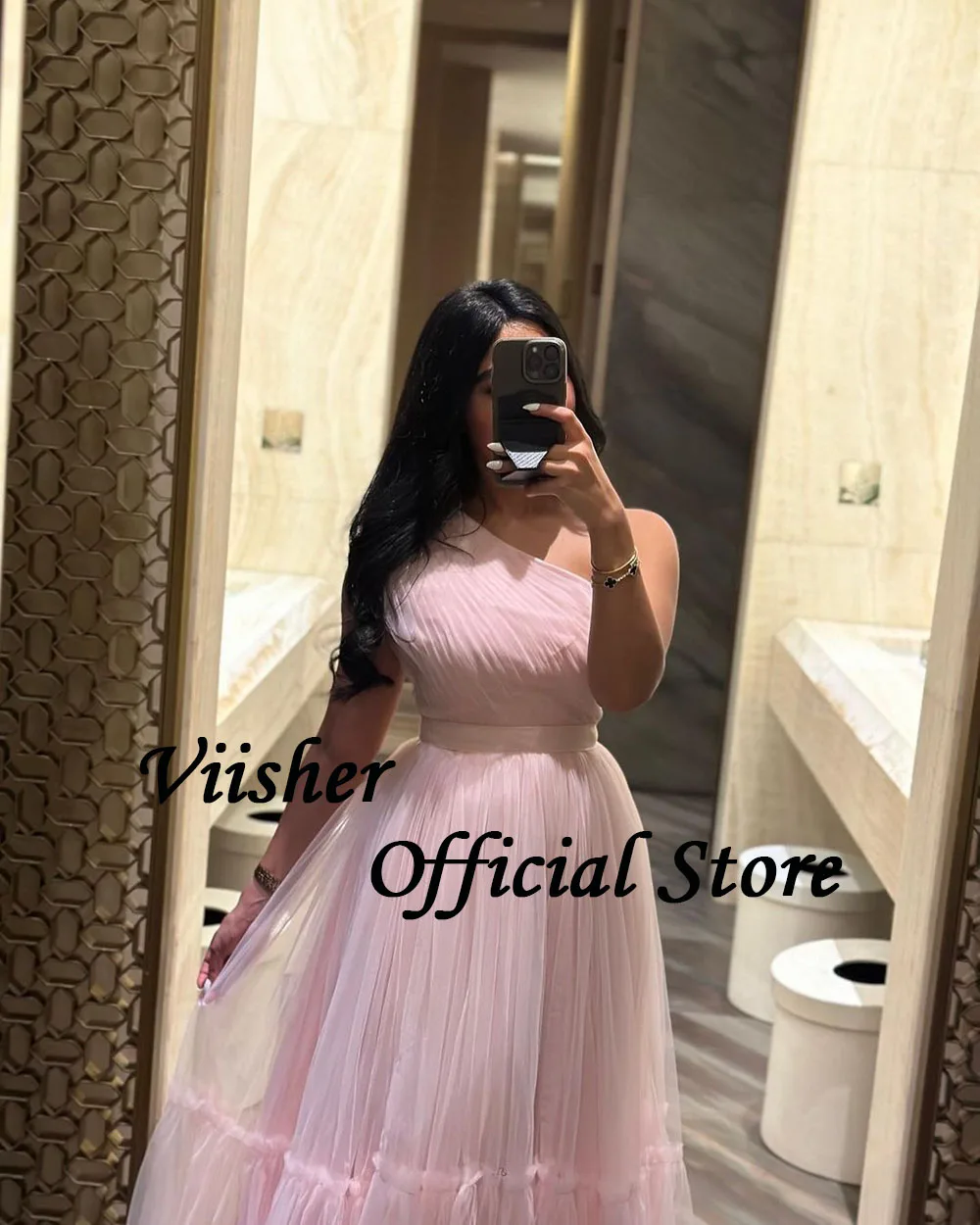 Viisher Pink Tulle One Shoulder Evening Dresses for Women A Line Long Formal Prom Dress Dubai Celebrate Event Gowns