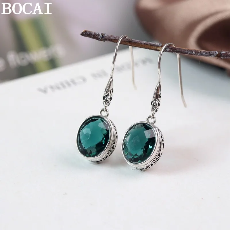 BOCAI New S925 Sterling Silver Jewelry Fashionable Temperament Oval Shape Cut Green Crystal Earrings Women's Selected Gift