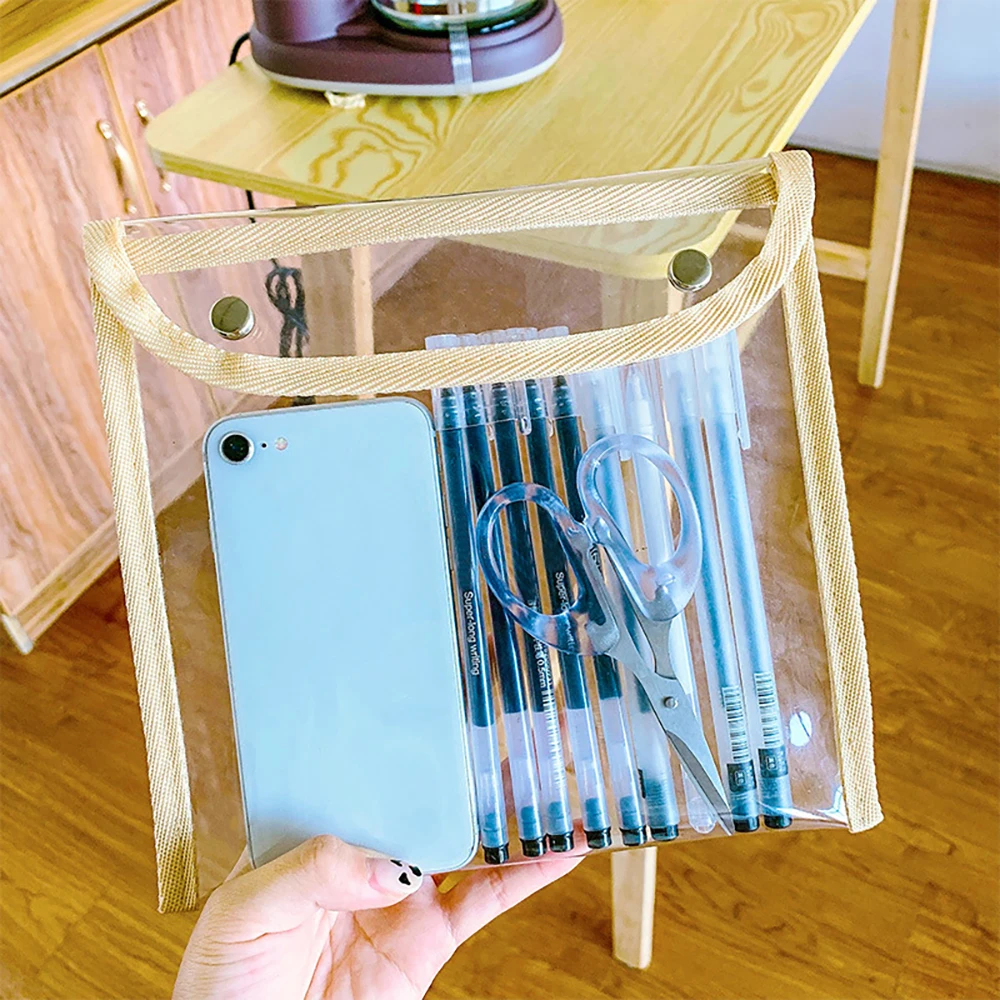 Japanese style snap on storage bag, simple transparent PVC makeup bag, student large capacity stationery storage bag