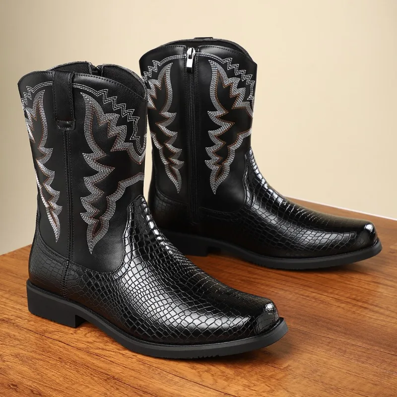 

Men's Western Cowboy Boots British Style Leather Boots Retro Handmade Embroidery High Top Boots Middle Tube Men Motorcycle Botas