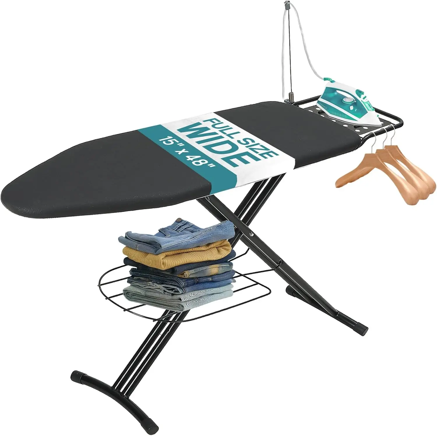 

Large Adjustable Ironing Board with Pad, Cover, and Storage Tray - Full Size 48x15 Inches, Black