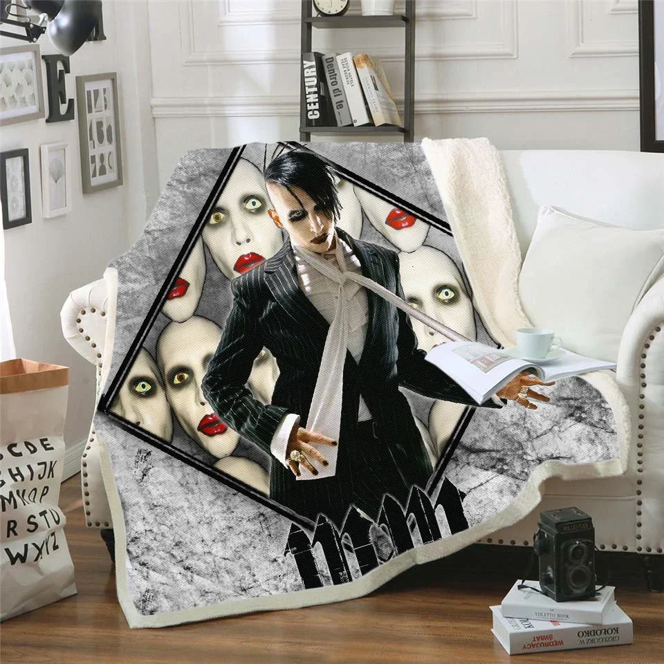 Singer Marilyn Manson 3D Sherpa Blanket Velvet Plush Throw Fleece Blanket Bedspread Couch Sofa Quilt Cover Travel Bedding 0007