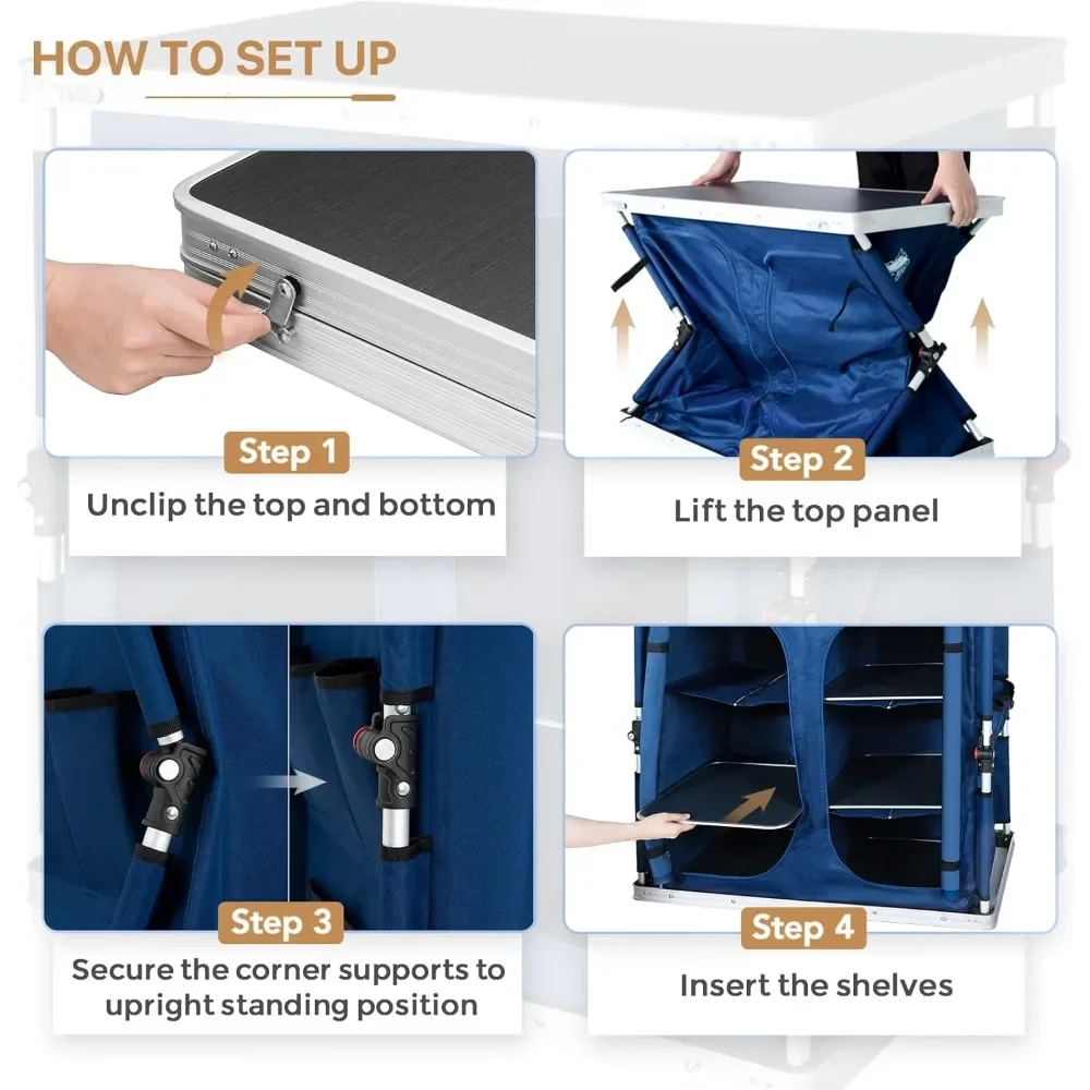 طاولة تخييم مزدوجة قابلة للطي للاستخدام الخارجي قابلة للتخصيص مع منظم تخزين كبير من 3 طبقات وجيوب جانبية، محمولة سهلة الإعداد