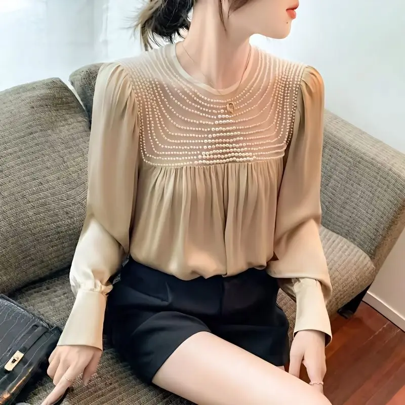 Minimalist Commute Spring Autumn New Chiffon Blouses Round Neck Solid Spliced Ruched Beading Gauze Loose Long