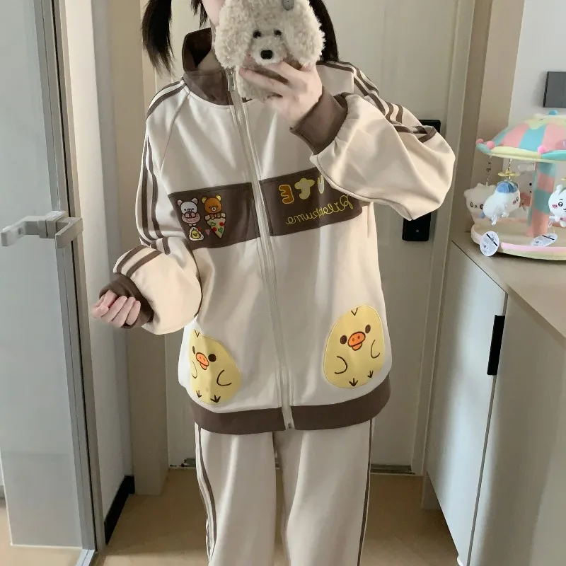 

Осенняя универсальная девчачья куртка Rilakkuma Y2k на каждый день для тяжелой промышленности с вышивкой на молнии и длинными рукавами, повседневный комплект брюк, школьный подарок