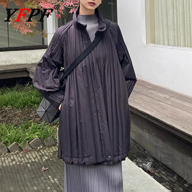 

YFPF осенне-зимняя хлопковая куртка женская плиссированная с воротником-стойкой на пуговицах средней длины однотонное пальто модная новая одежда
