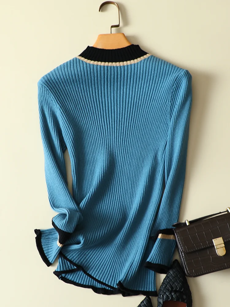 Suéter de punto de retales para mujer, jerséis de manga larga para oficina, elegante, prendas de vestir, abrigos, Tops, 2022