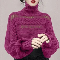 Fashion Turtleneck Knitted Spliced Lantern Sleeve Sweater Women Clothing 2023 Autumn New Casual Tops Commute Hollow Out Tops