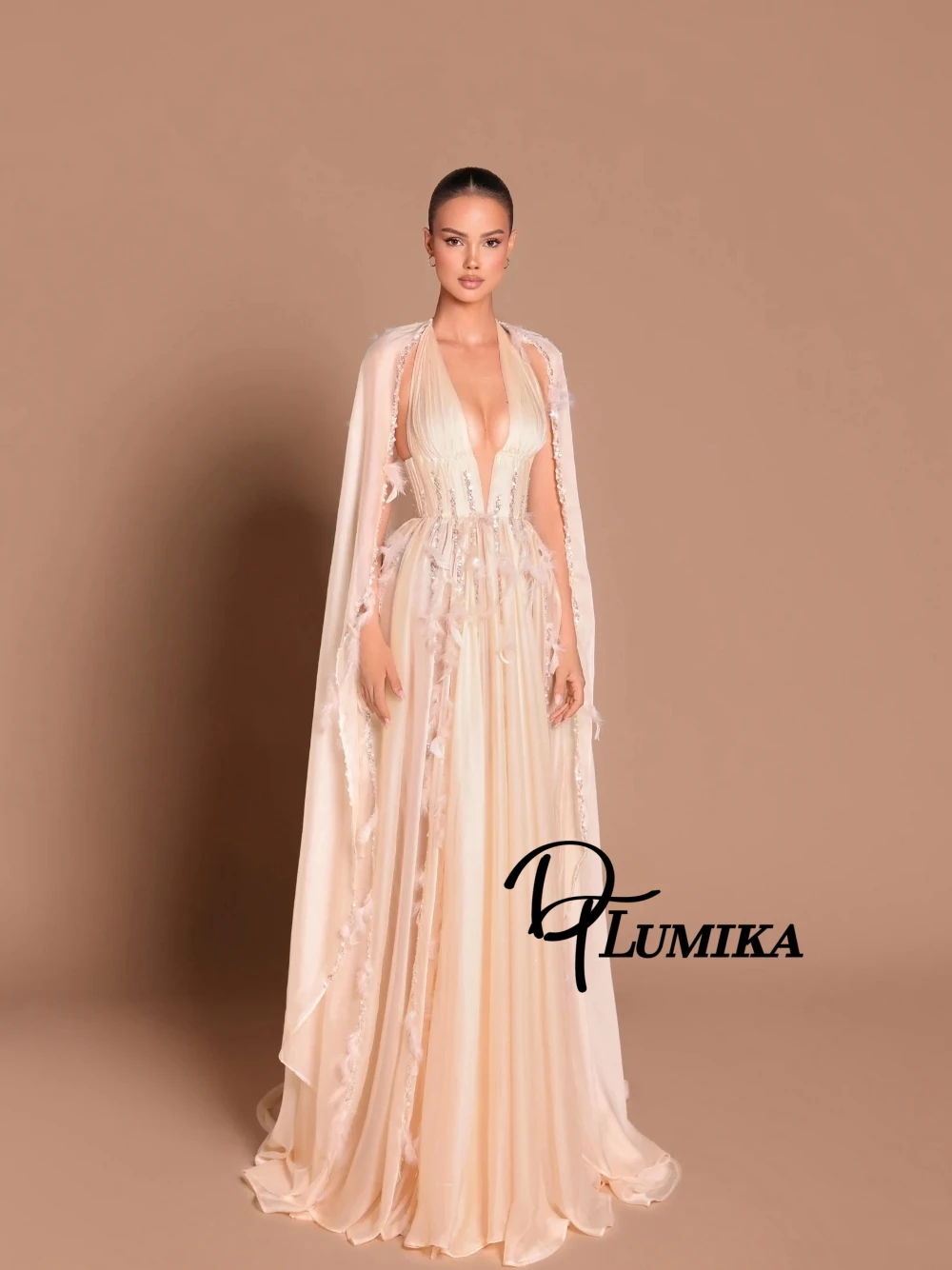 DTLumika Elegant Champagne Plunge V Neck Cape Feathered Evening Dress Flowing Formal Party Gown For Wedding & Banquet Customized