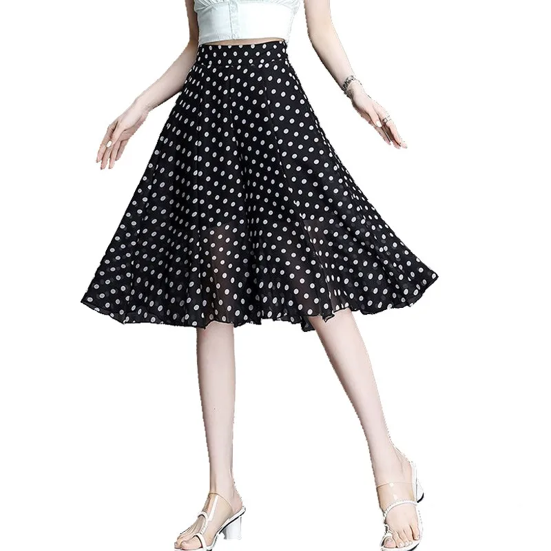 Small Chiffon Polka Dots Women Skirt Thin Summer Elasticity High Waist Hanging Feel Large Swing A-shaped Wide Leg Skirts Girl