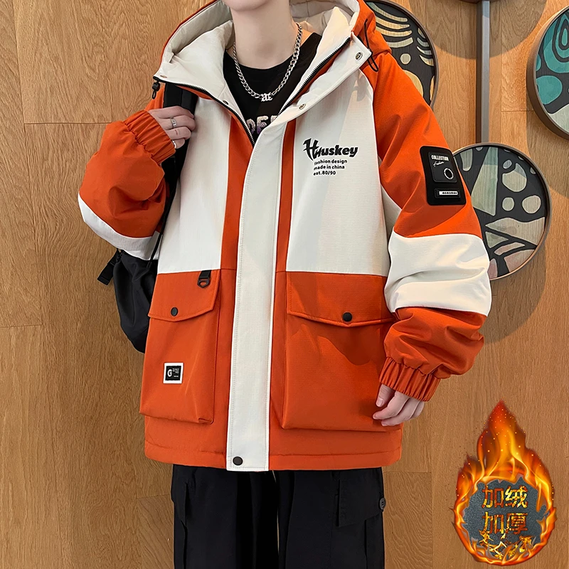 

Мужская теплая уличная контрастная хлопковая куртка 2025, зимняя толстая парка, плюшевое пальто, черная свободная парка с капюшоном