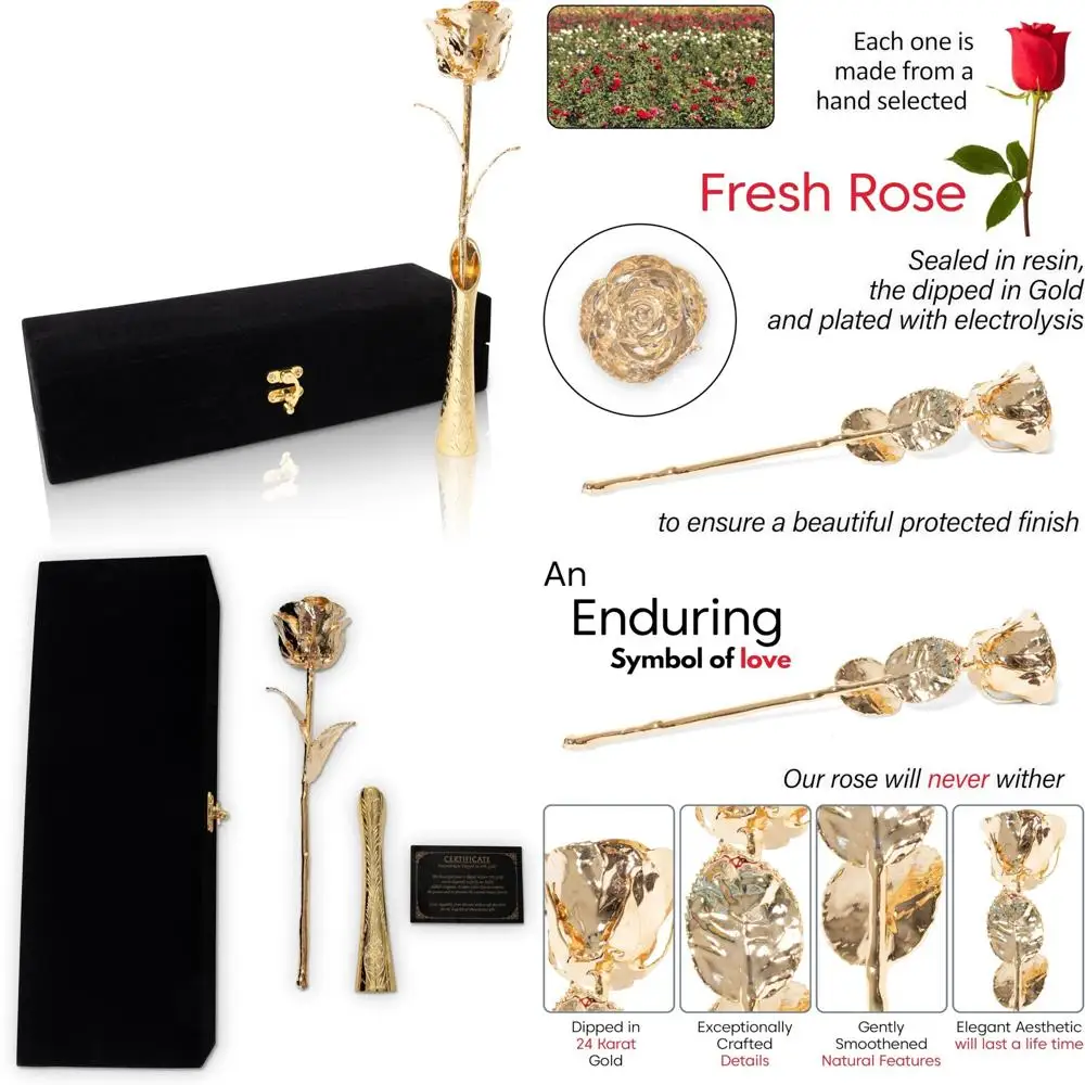 وردة أصلية طويلة محفوظة من الذهب عيار 24 قيراط مغموسة، زهرة طبيعية مسقطة كهدية أبدية للزوجة أو الأم أو S #1