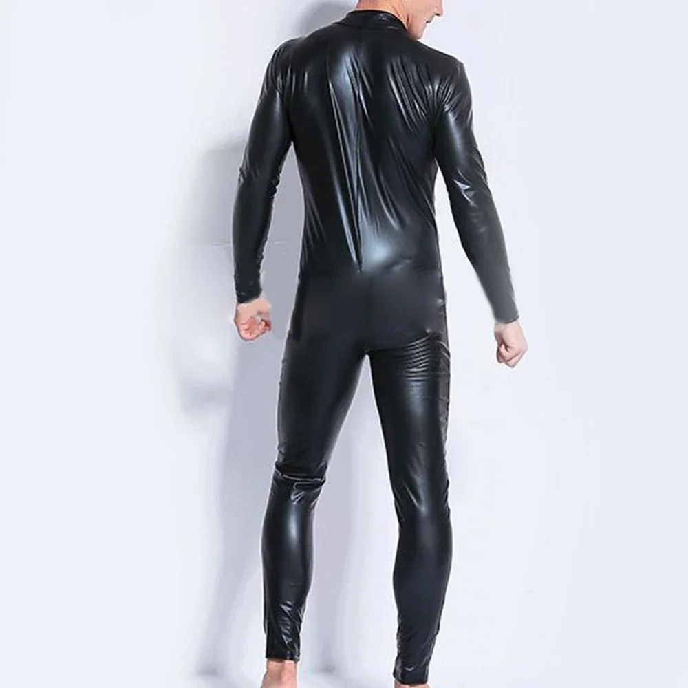 Romper Jumpsuit ️Men hitam Bodysuit Clubwear modis Leotard kulit paten Wetlook baru nyaman