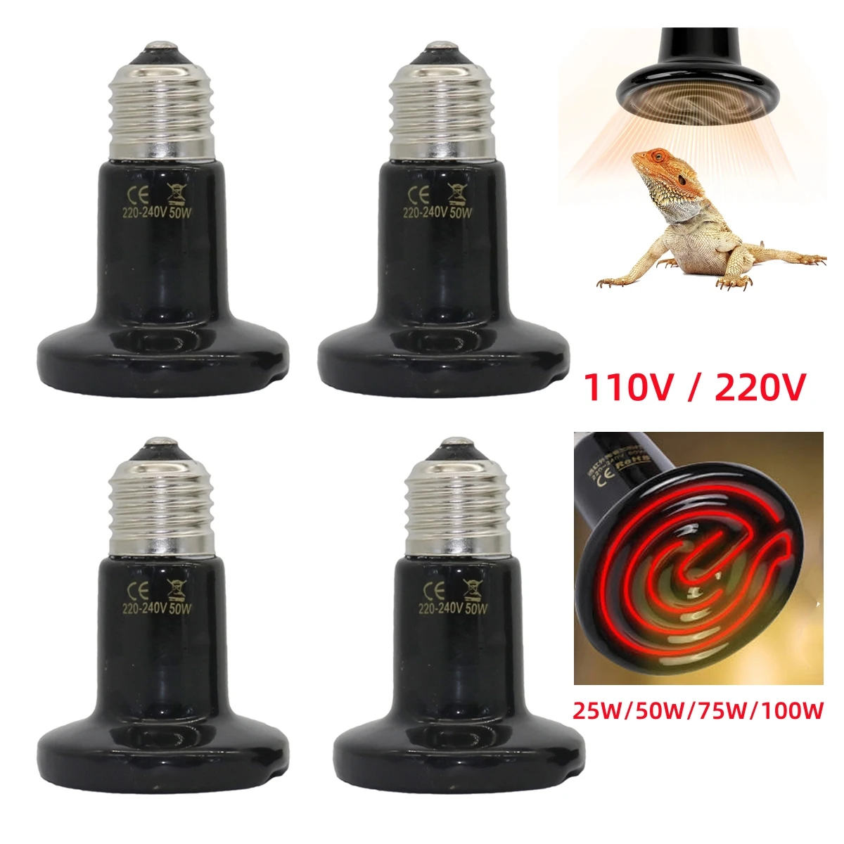 5Pcs Reptile Ceramics Heating Lamps 110V/220V Infrared Ceramic Emitter Heat Light Bulbs E27 Small Mini Heat Lamps 25/50/75/100W
