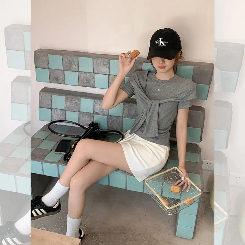 

Женская футболка с круглым вырезом в корейском стиле, однотонная искусственная шаль из двух частей, топ с короткими рукавами, модный дизайн, новинка лета