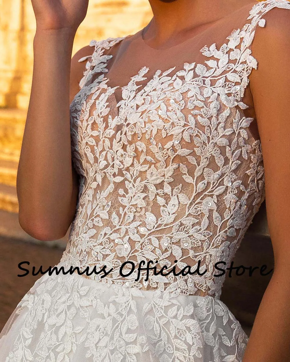 Sumnus Boho Wedding Dresses Lace Appliques Sheer Neck Illusion Button Long Wedding Gowns for Bride Custom Made Robe de Mariee