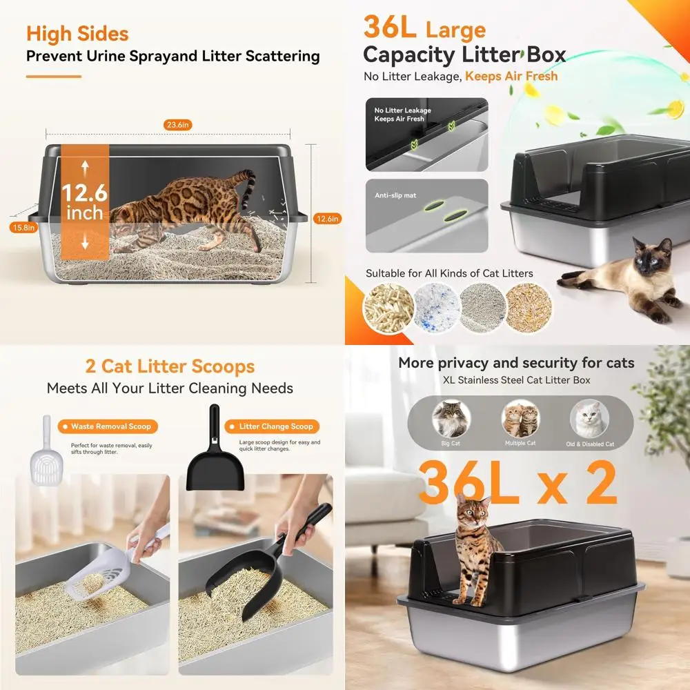 

Очень большой черный закрытый металлический лоток для кошек с высокими бортиками для контроля запаха и легкой очистки