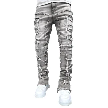 Men's Regular Fit Stacked Jeans Ripped Slim Fit Patch Distressed Destroyed Straight Denim Pants Hip Hop Streetwear Trouser Cloth 6