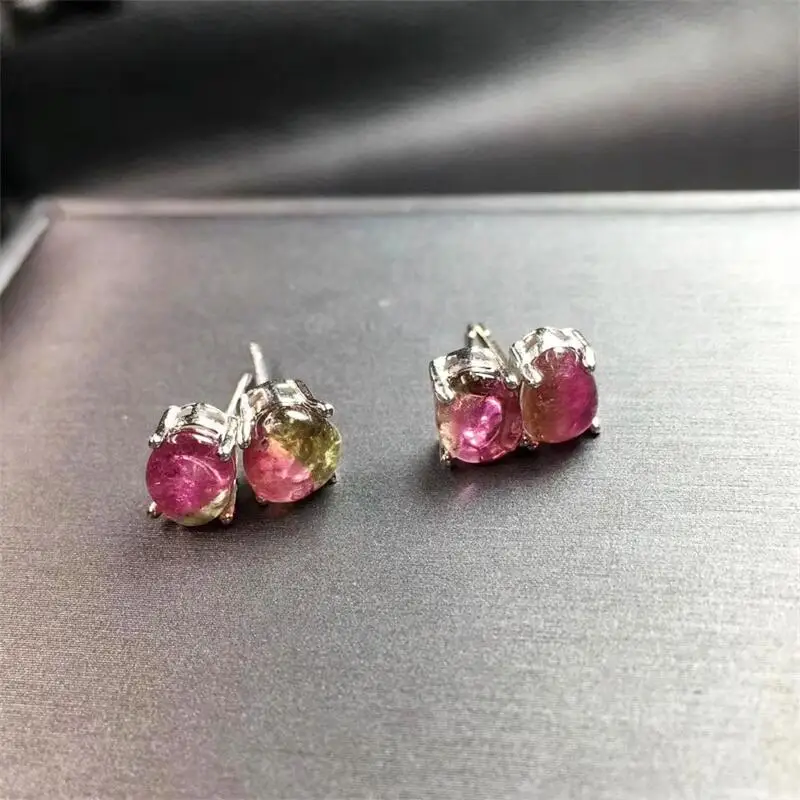 S925 Natural Watermelon Tourmaline Quartz Earrings Colorful Jewelry Fashion Gemstone Wedding Party Birthday Gift 1pair