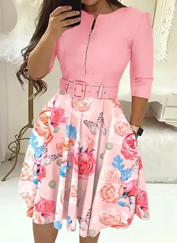 

Womens Dresses 2024 Summer Fashion Floral Print Colorblock Zipper Design Casual Round Neck Three Quarters Midi Party Dress