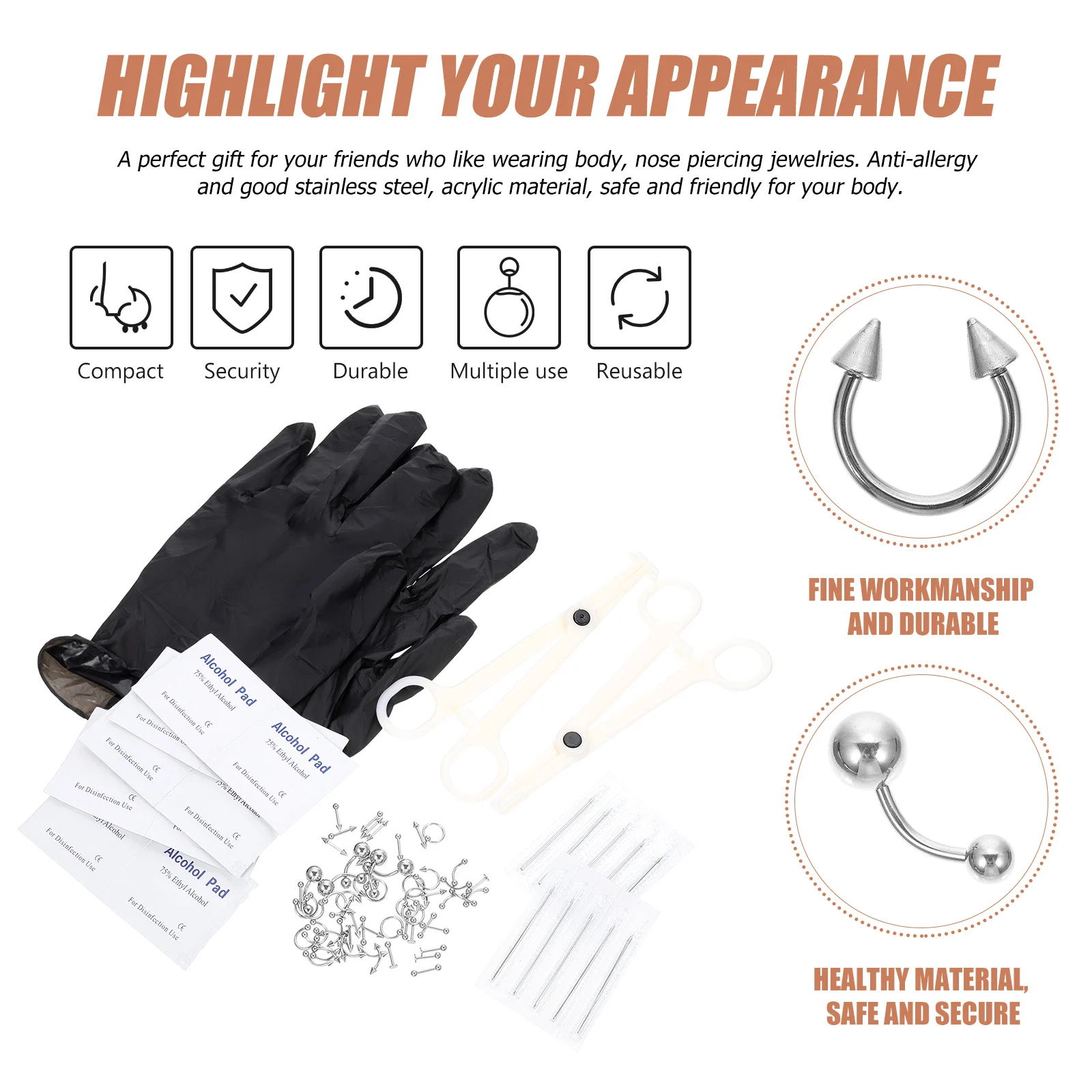 

1 Set Body Piercing Rings Kit Stainless Steel Acrylic Anti-Allergy Lightweight Comfortable Stylish Party Travel Gift Septum Nose