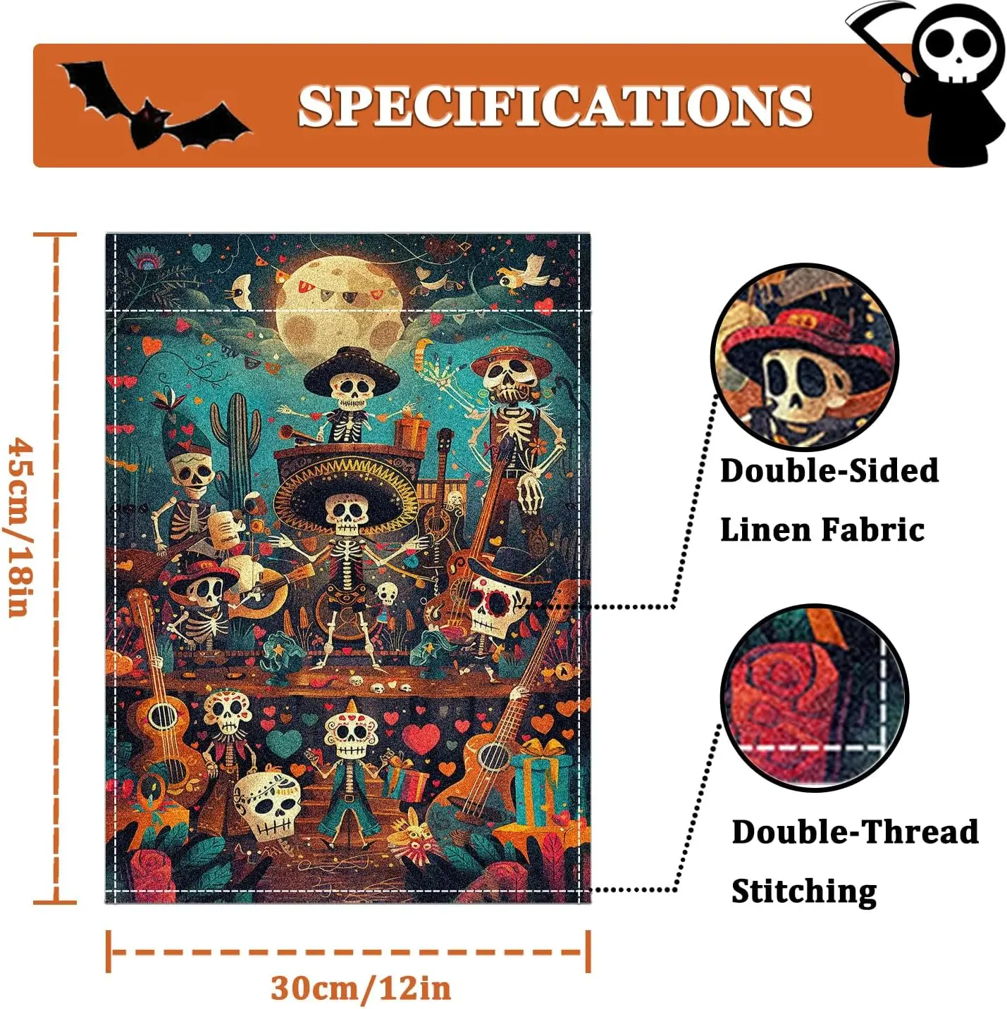 Halloween Garden Flag, 12 x 18 Inch Halloween Flag, Double Sided Small Yard Flag - Welcome Skull Guitar Music Skeleton Garden Fl