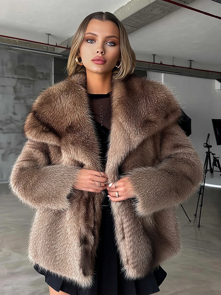 

Women Fashion Short Faux Fur Coat Brown Lapel Fluffy Loose Long Sleeve Cardigan Jacket Winter Lady Warm High Street Outwear
