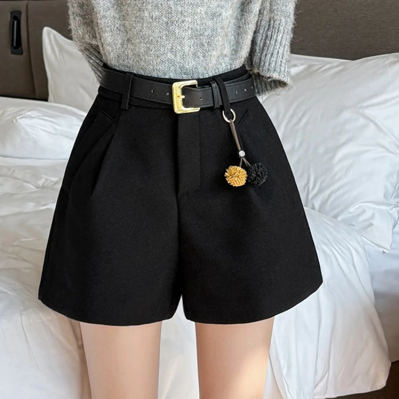 Seoulish High Waist Autumn Winter Woolen Women's A-line Shorts with Belted Korean Solid Casual Wide Leg Short Pants Female