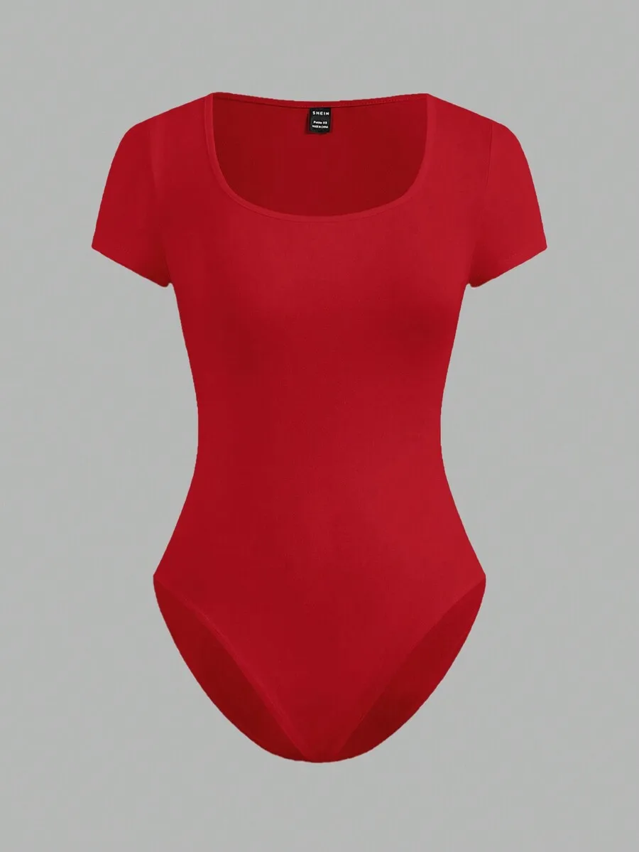 

Red Short Sleeve Bodysuit Solid Color Womens Plus Size