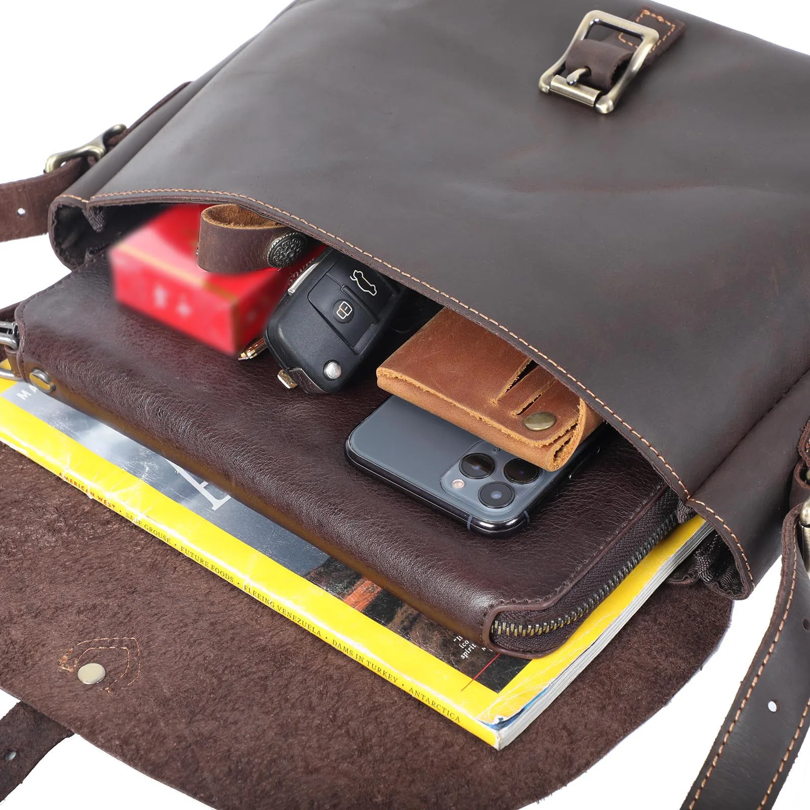 Vintage Echtleder Herren 11" Messenger Bag Umhängetasche Crazy Horse Rindsleder Schultertasche Top-Layer-Leder Mode Casual – Detail 12