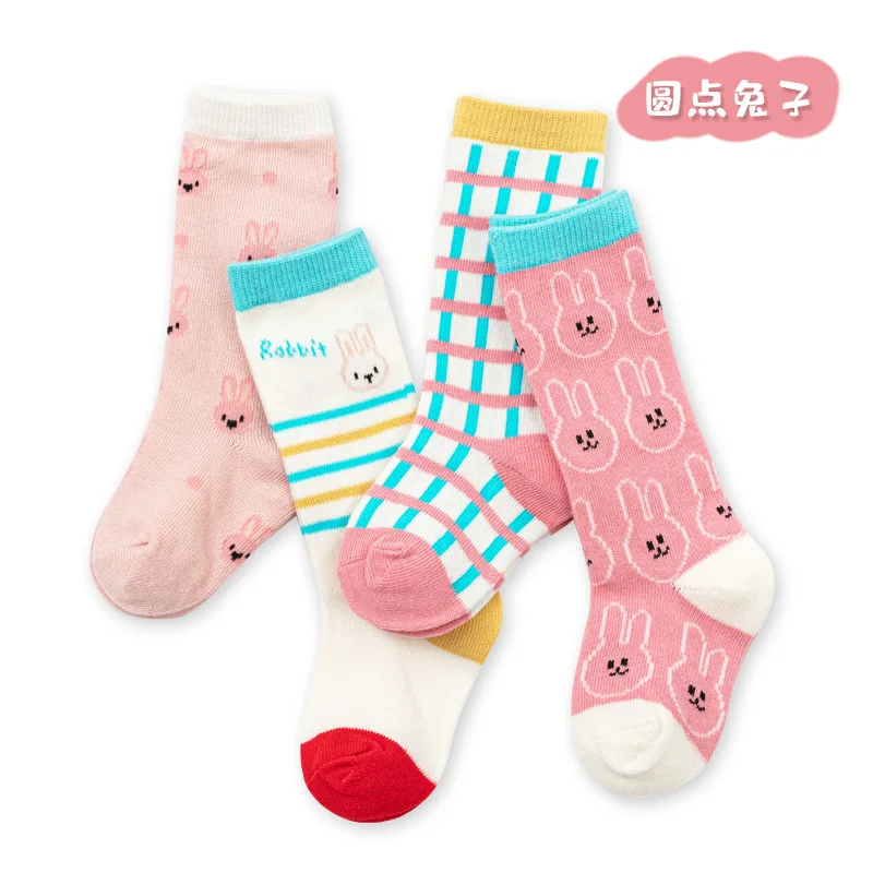 4Pairs Pack Spring and summer cartoon boy and girl baby socks infant children long tube bright color medium tube socks