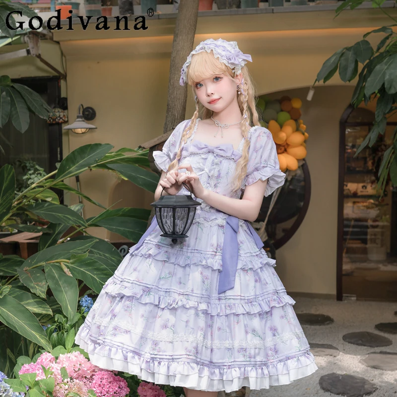 

Lolita Elegant Fresh Style Dress for Women Purple Short Sleeve Waist Sweet Dress Female Japanese Style Birthday Party Dress