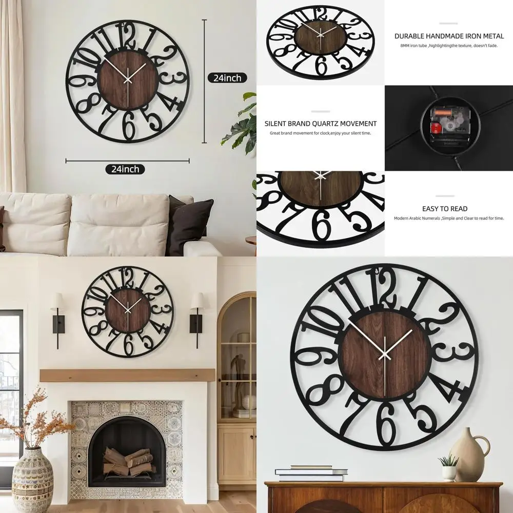 

24 Battery-Powered Silent Metal & Wood Wall Clock for Home, Living Room, Kitchen, and Office Décor