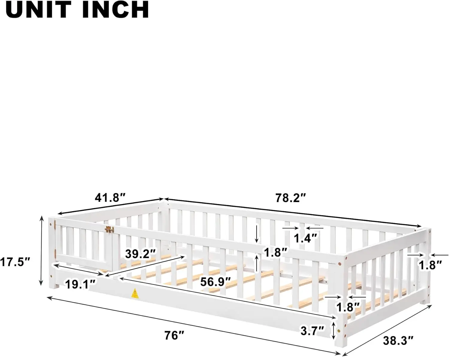 Cama infantil tamanho com porta e cerca, cama de chão montessori com ripas e guarda-rails de segurança, estrutura de cama dupla de madeira maciça para meninas