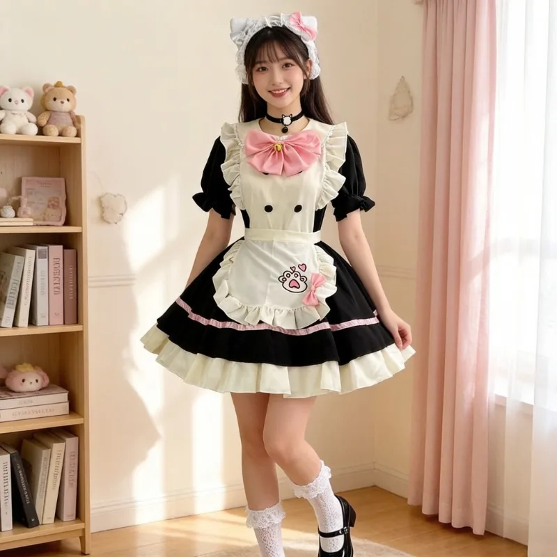 

Kawaii Lolita Maid Cosplay Costume Halloween Party Stage Performance Outfit Anime Cafe Waitress Uniform Fancy Dress Bow Decor