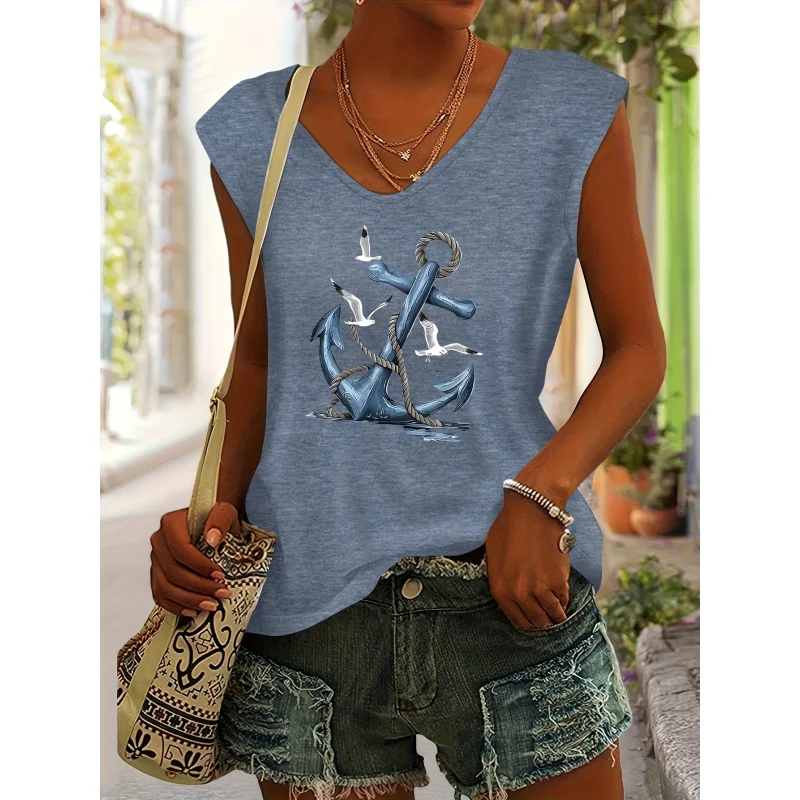 

Blue Anchor Seagull Ocean Sailor Pattern Print European And American Style Women'S Spring Summer Casual Easy