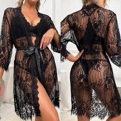 Women Lace Robes Sexy Long Lingerie Sleepwear Nightwear Hot Sale 2022 Lady's Bathrobe Sexy Dress See Through Sheer Pajamas