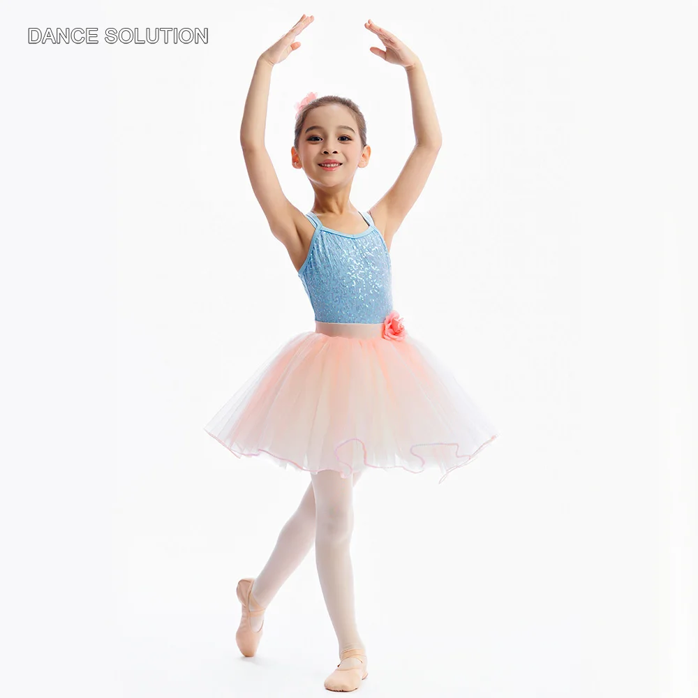 Child & Kids Ballet Performance Tutu C25020 Pale Blue Sequin Spandex Bodice with Pale Pink& Ivory Tulle Skirt
