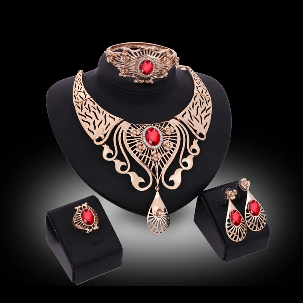 

Four-Piece Royal Blue Crystal Rhinestone Jewelry Set Necklace Earrings Bracelet Ring Elegant Wedding Jewelry for Women Party