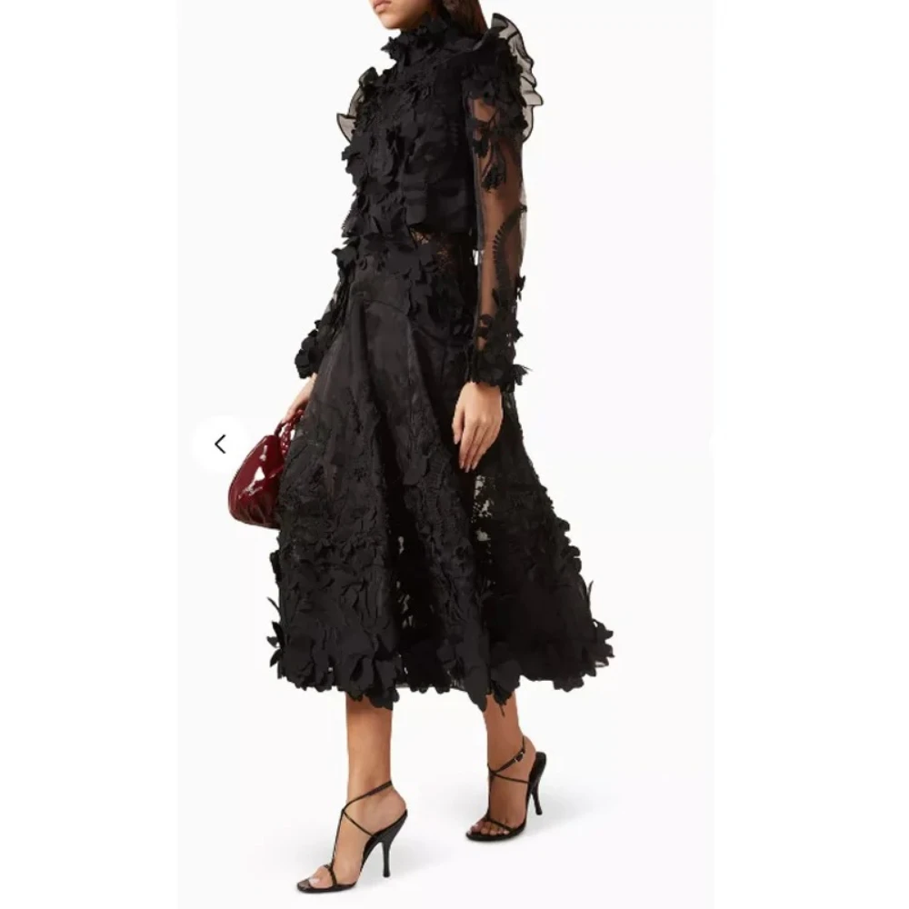 Black Lace Appliques Evening Dress for Women High Neck Long Sleeve Solid Prom Gown Tea Length Elegant Party Dress Customized image 2
