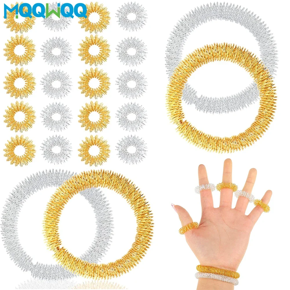 Juego de anillos y pulseras de acupresión para dedo y mano, juego de masajeadores, sortijas sensoriales con púas para masaje de muñeca y alivio del