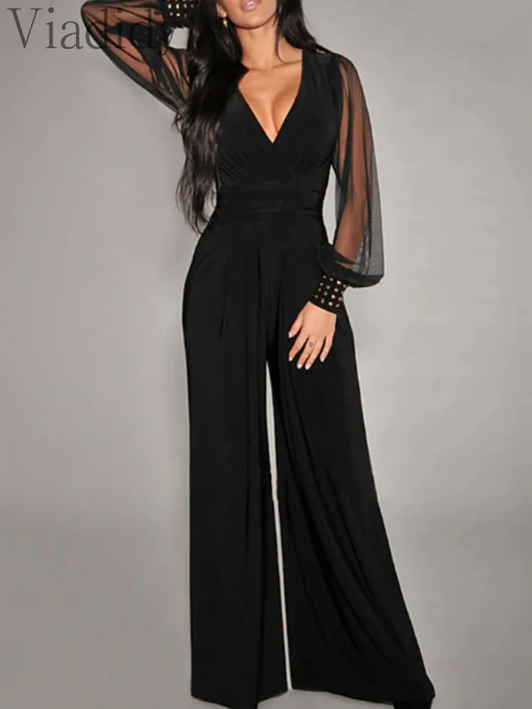 

Women's Sexy Solid Color Deep V Neck Sheer Mesh Lantern Sleeve Rivet Decor High Waist Wide Leg Jumpsuits Rompers