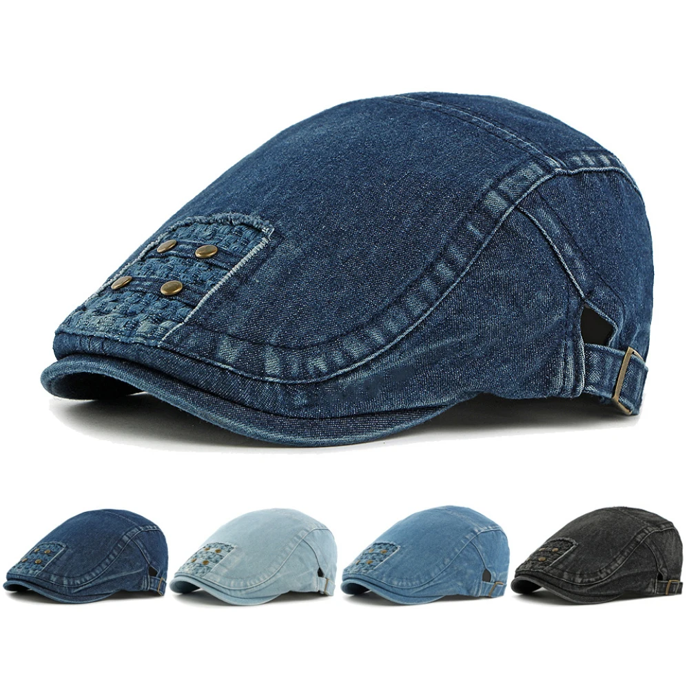 

HT4862 Berets for Men Women New All Seasons Denim Beret Cap Male Female Cotton Ivy Flat Cap Adjustable Artist Painter Beret Hat