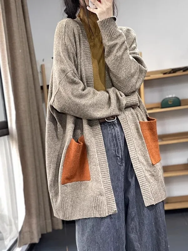 

Аутентичный осенний женский вязаный свитер Lazy Sle 2023, лоскутный цветной трикотаж, повседневный свободный топ