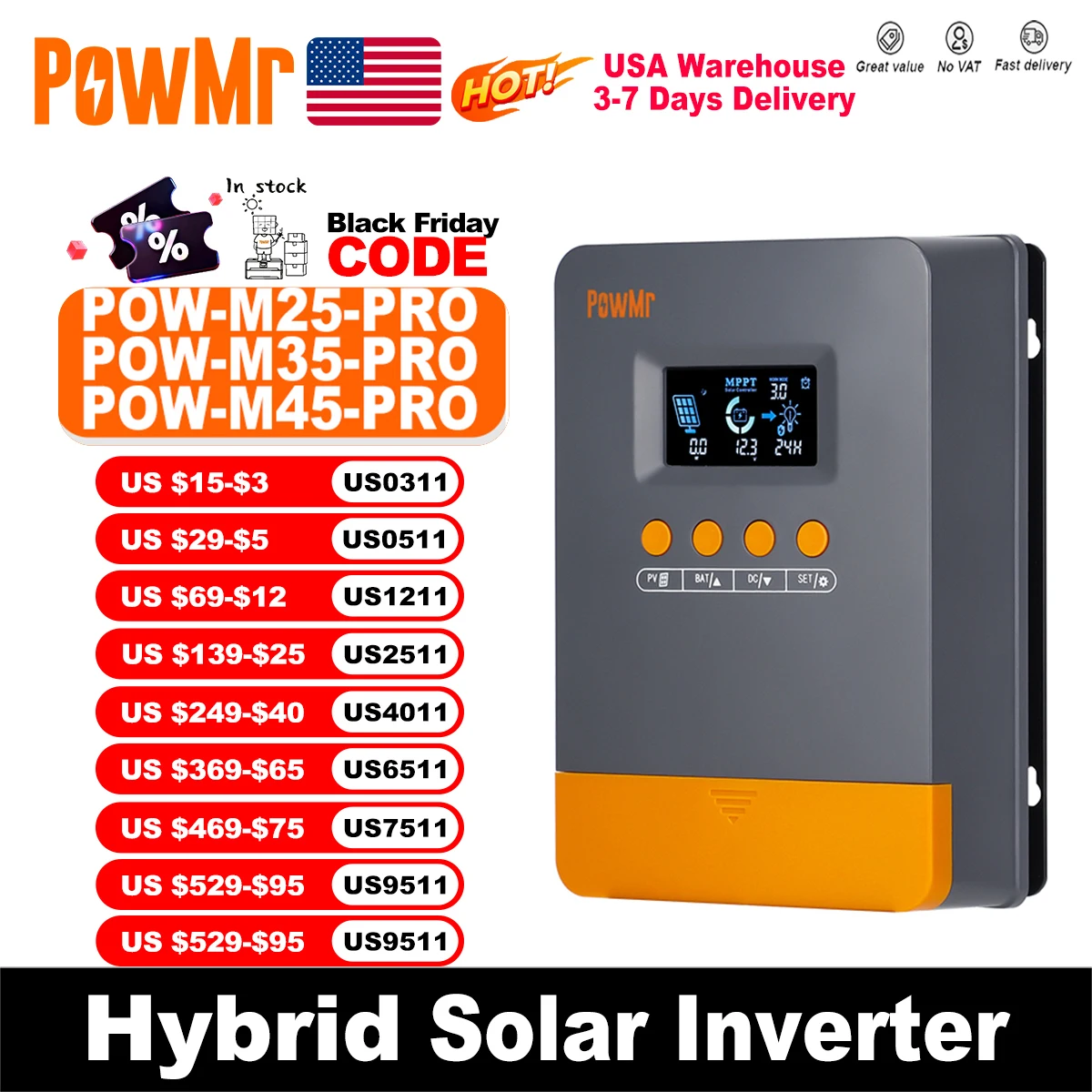 PowMr USA 25A 35A 45A MPPT جهاز التحكم بالشحن بالطاقة الشمسية 12 فولت 24 فولت تلقائي للوحة 100 فولت منظم ذكي بطارية الرصاص الحمضية/الليثيوم #1