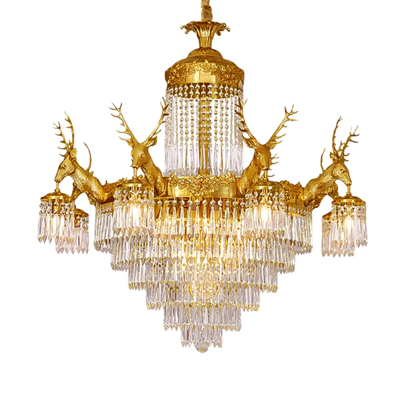 European Rococo Style Dinning Room Brass Pendant Lamp French High Ceiling Deer Decorative Crystal Shade Copper Chandelier
