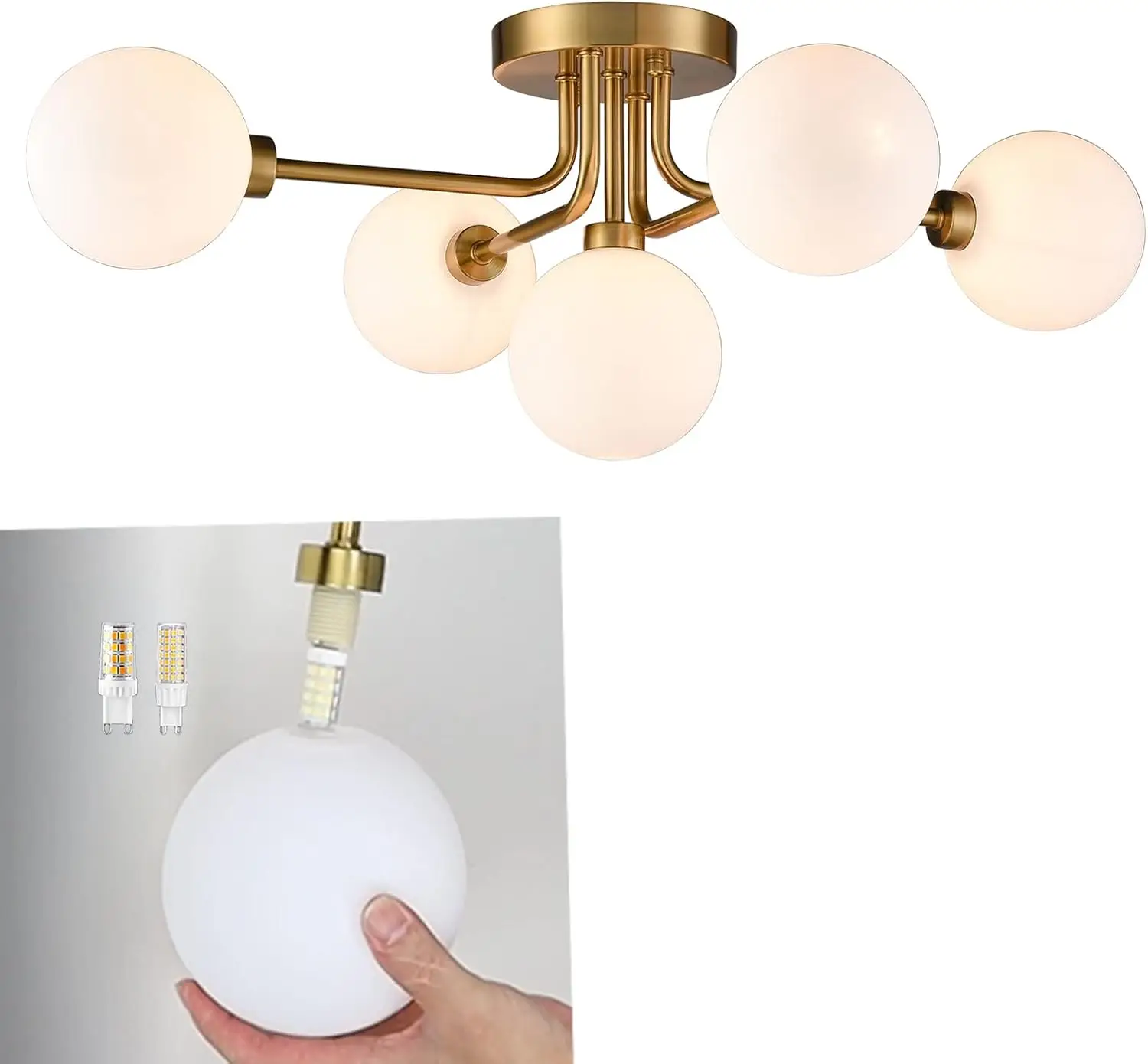 

Gold Ceiling Light Sputnik Semi-Flush Mount Light Fixture With Globe Shades Chandelier For Bedroom Dining Room Hallway