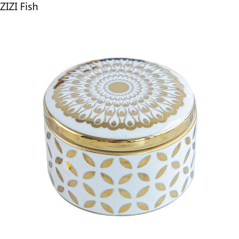 Gold Plated Pattern Storage Tank Tea Canister Minimalist Round Ceramic Storage Jar and Lids Candy Pots Porcelain Jewelry Box