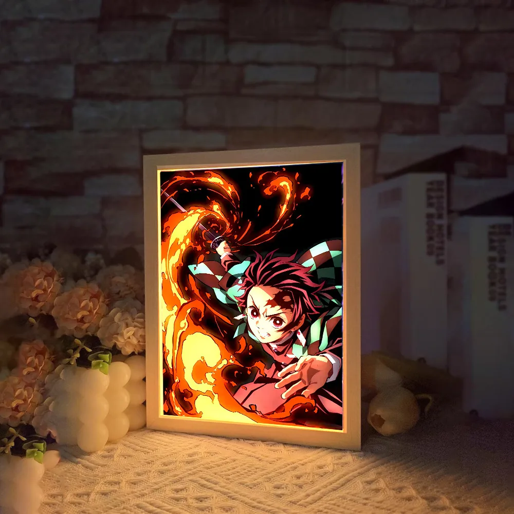 Anime Light Painting Moon Lamp Kyojuro Rengoku Kimetsu Demons Slayer Led Photo Frame for Room Wall Art Hoom Deco No Yaiba Gifts